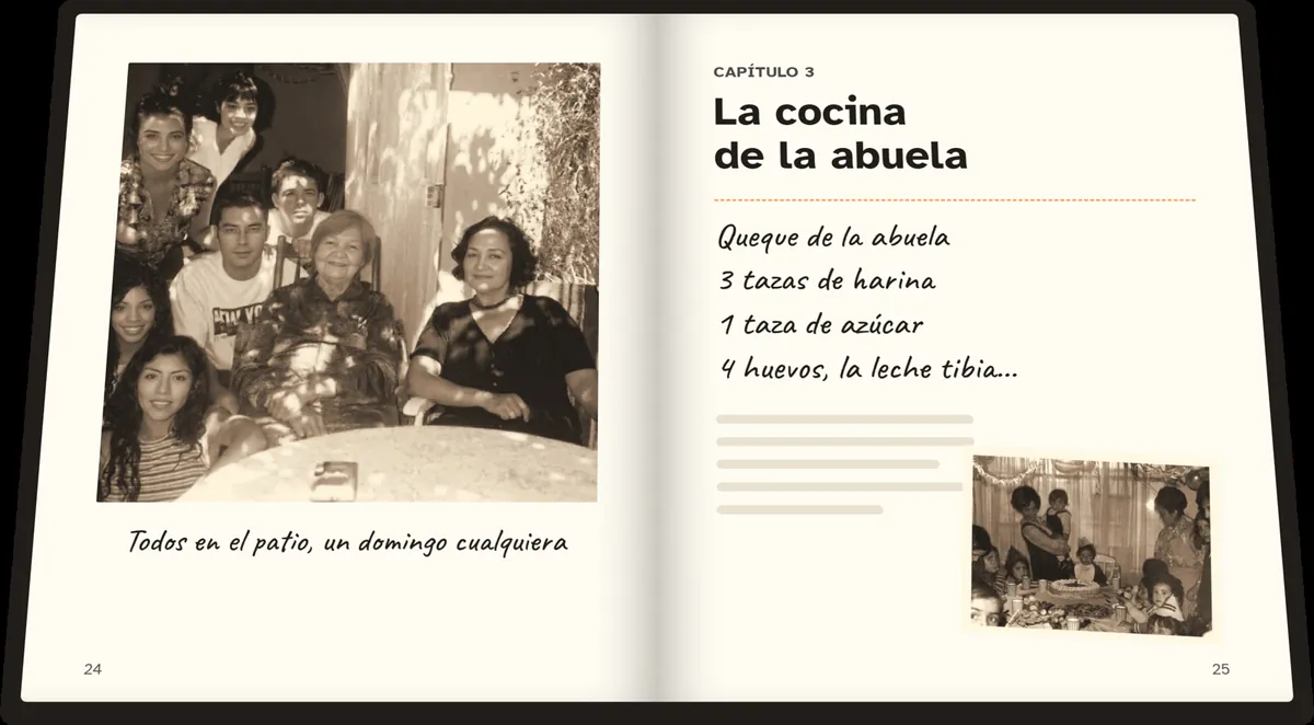 Así podría verse el libro: una página con una foto familiar antigua y otra con la receta del queque de la abuela
